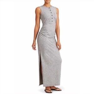 ATHLETA Sleeveless Maxi Dress Sz M Gray Ruched Stretch Microstripe Henley Jersey